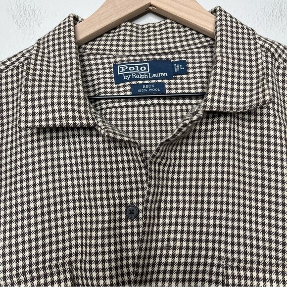 VTG Polo Ralph Lauren Men Beck Shirt Large 100%‎ Wool Houndstooth Brown Pockets - Picture 8 of 10
